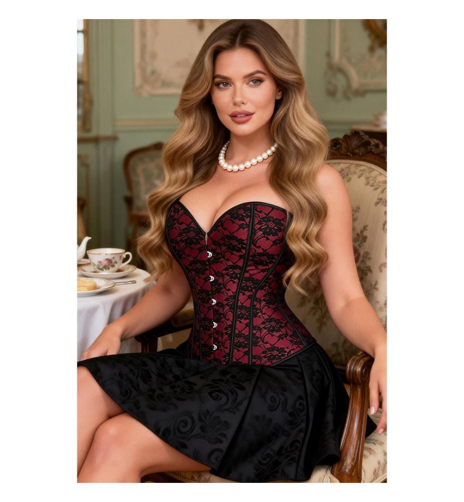 Red off-the-shoulder corset with knickers. - Red