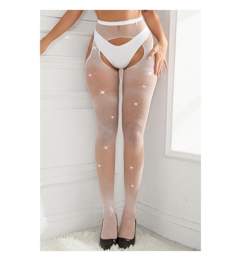 Strass Netzstrumpfhose Offener Schritt - Weiss
