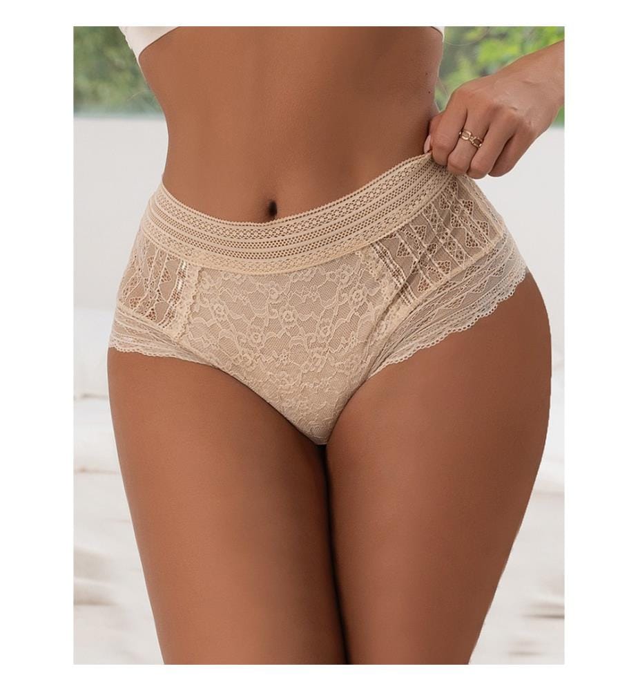Hoher Slip aus transparenter Spitze - Beige