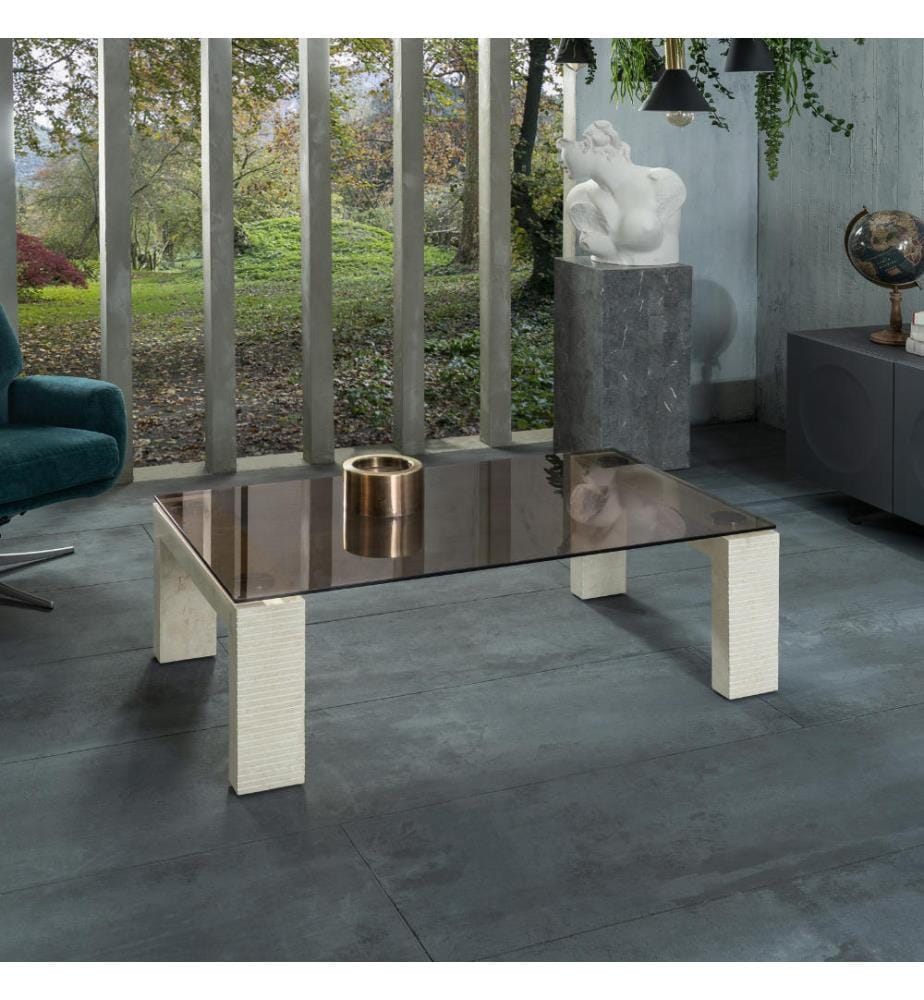 Millerighe Fossil Stone Couchtisch 40 cm Glasplatte 120x70 cm - Grau und Beige
