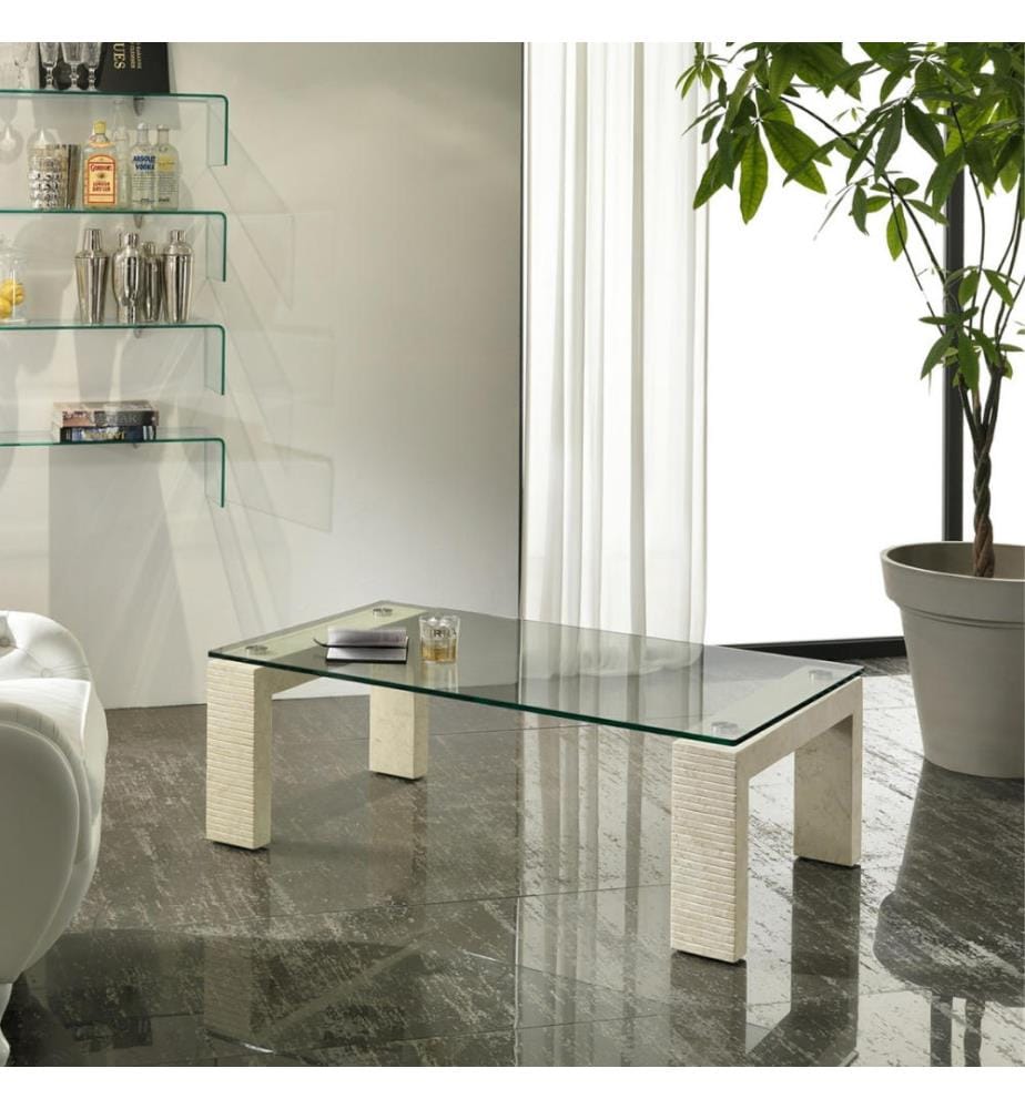 Millerighe Fossil Stone Coffee Table 40 cm Glass Top 120x70 cm - Transparent and Beige