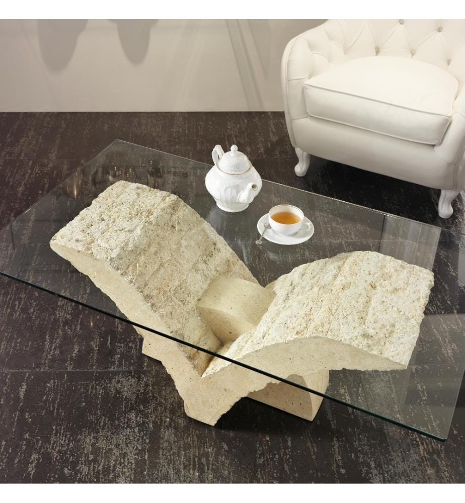 Papillon Table basse en pierre fossile 40 cm Plateau en verre 120x70 cm