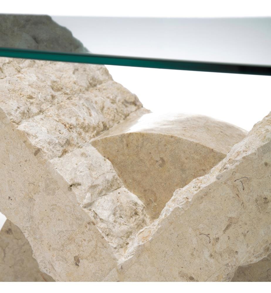 Papillon Table basse en pierre fossile 40 cm Plateau en verre 120x70 cm
