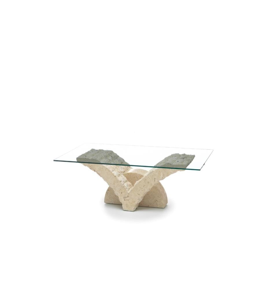 Papillon Table basse en pierre fossile 40 cm Plateau en verre 120x70 cm