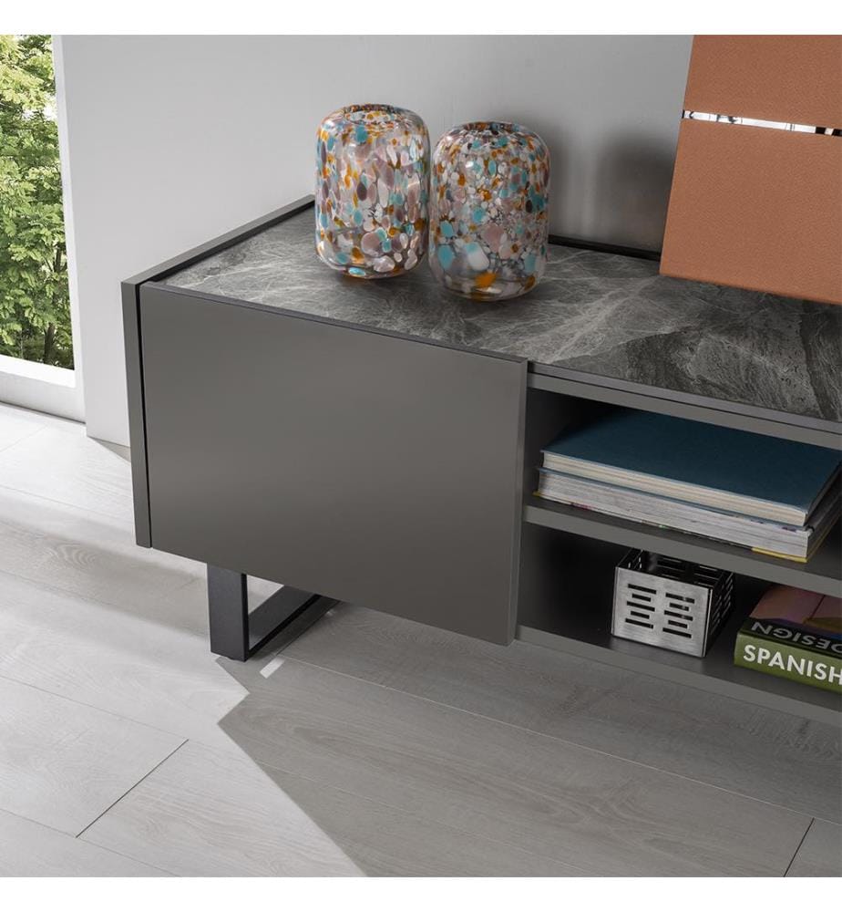 Pegaso Mdf-Fernsehständer mit grauer Keramikplatte in Marmoroptik 140x40x45 cm - Grau und Marmor