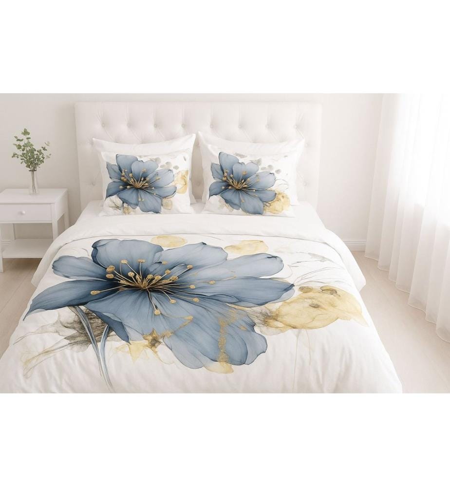 Set copripiumino singolo, bianco, blu, oro, 70% cotone / 30% poliestere