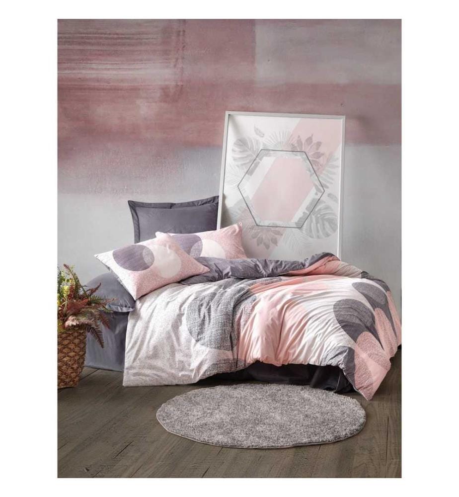 Ensemble de housse de couette King Ranforce - Gris, rose et blanc