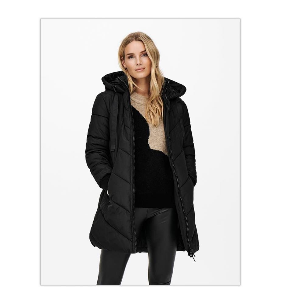 Skylar Chevron Lange Daunenjacke mit Kapuze - Schwarz