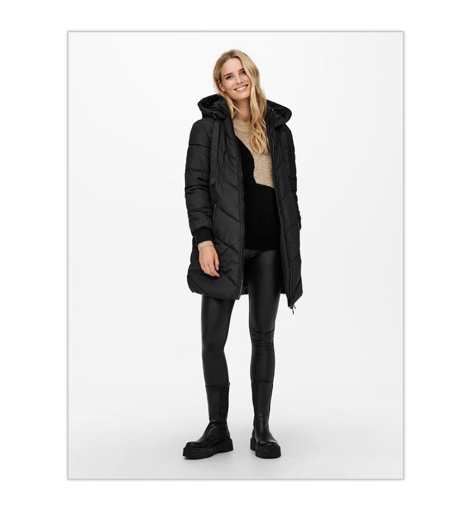 Skylar Chevron Lange Daunenjacke mit Kapuze - Schwarz