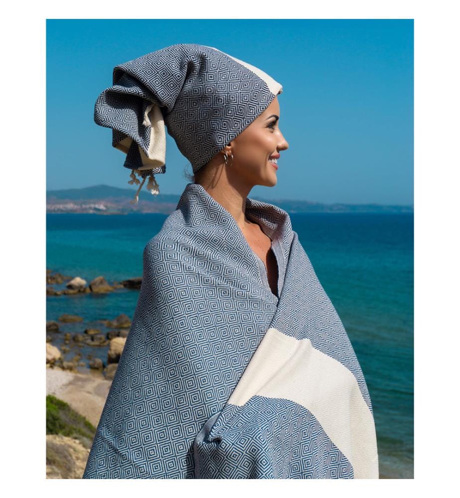 Diamond Hand, Hair, and Kitchen Hammam Towel, 45 x 90 cm - Blue