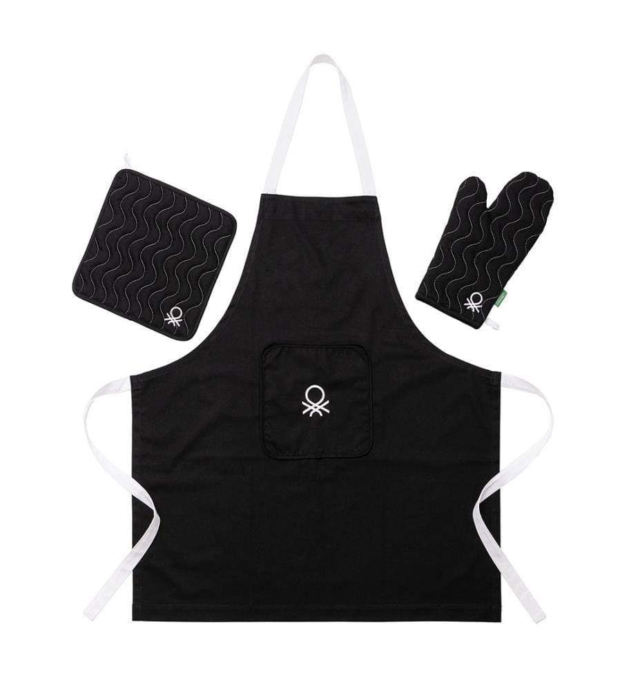 3-teiliges Set: Schürze (Schürze + Topflappen + Ofenhandschuh) 75 x 85 cm – Schwarz-Weiss