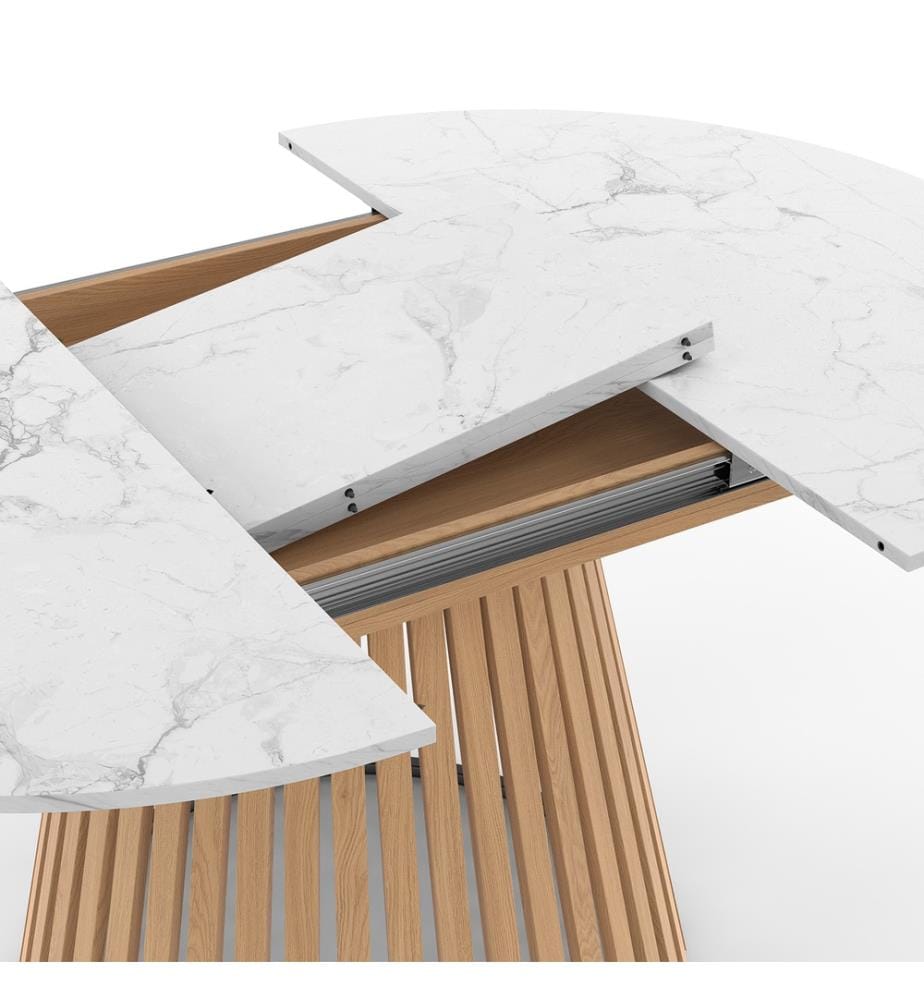 Table à manger ronde extensible Camélia effet marbre blanc et pied lattes Ø110-150cm