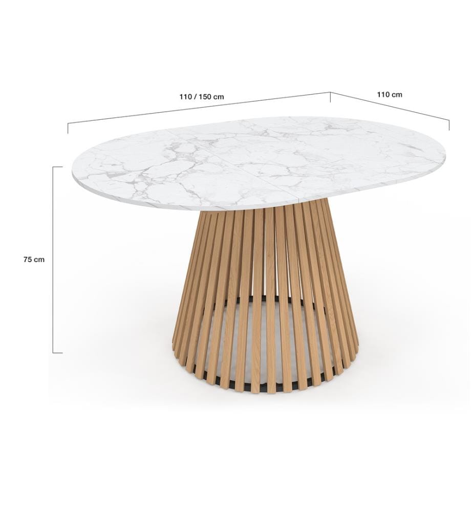 Table à manger ronde extensible Camélia effet marbre blanc et pied lattes Ø110-150cm