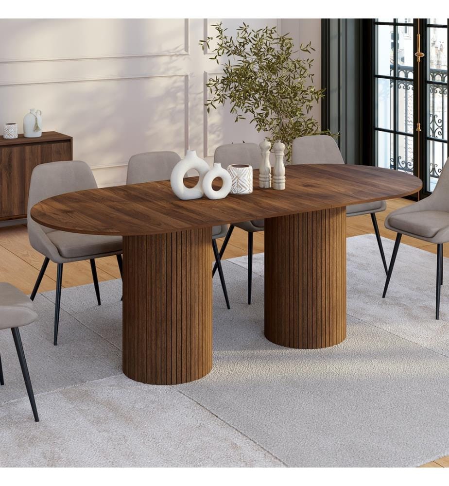 Table à manger extensible Albane 160-200cm 2 pieds pylône - Brun foncé