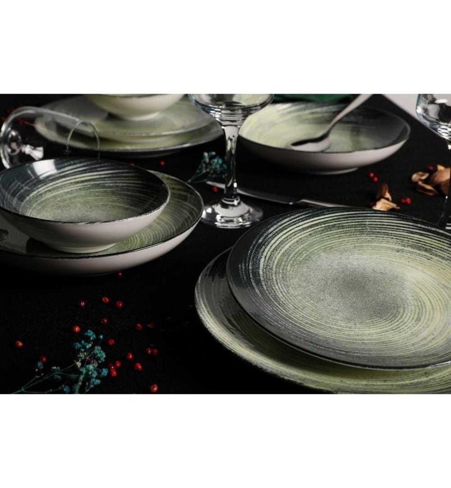 Geschirrset (24-teilig) – Creme, Grün, Schwarz