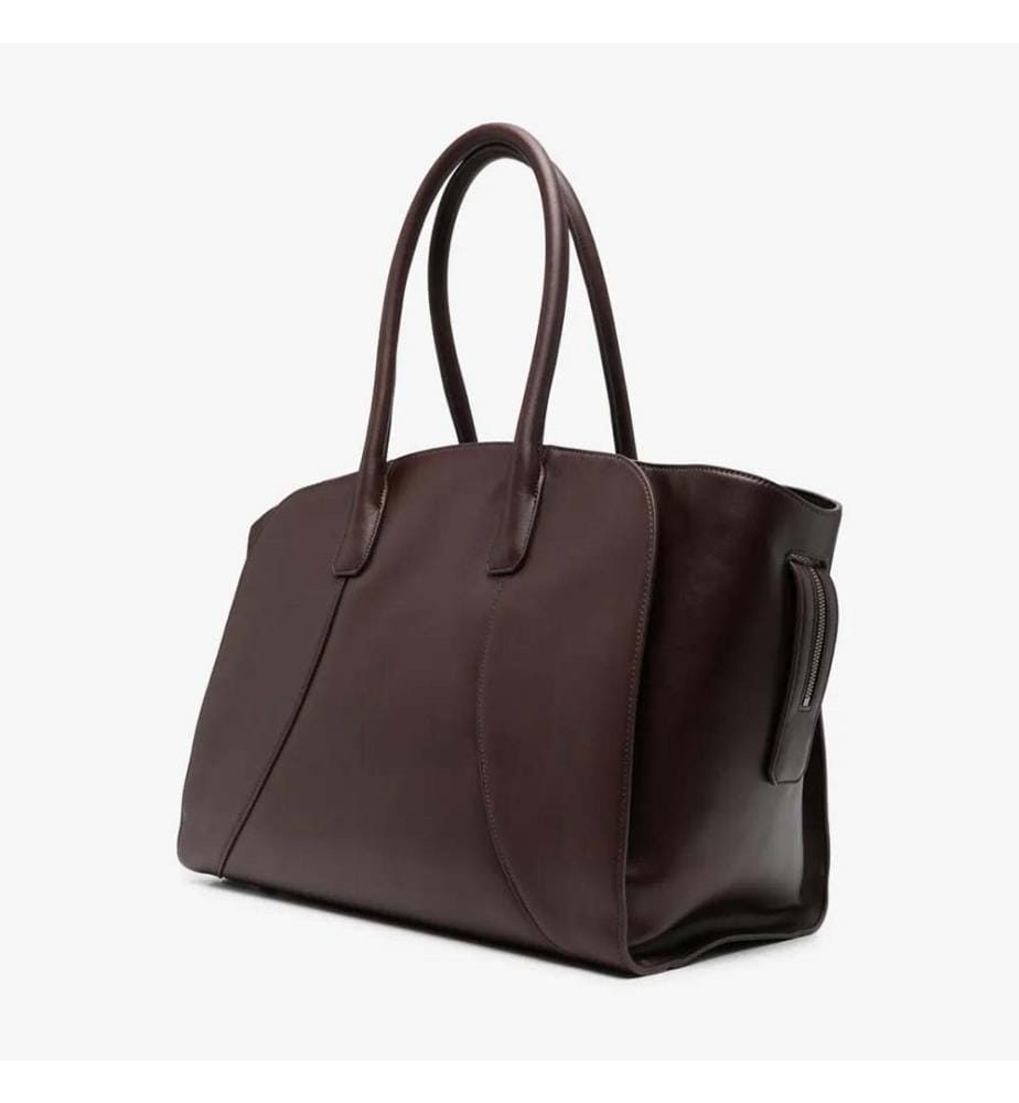 Borsa tote in pelle con placca con logo - Marrone
