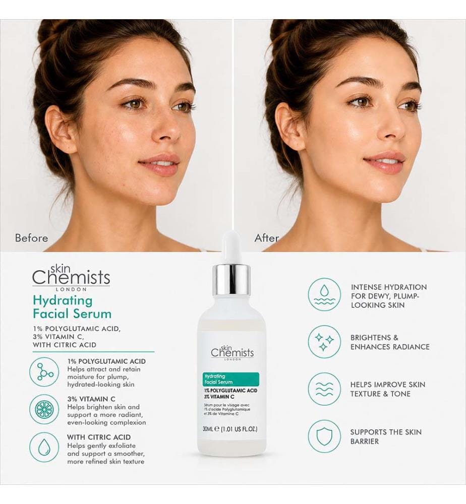 skinChemists Hydrating Polyglutamic Acid, Vitamin C Facial Serum for Glowing Skin 30ml