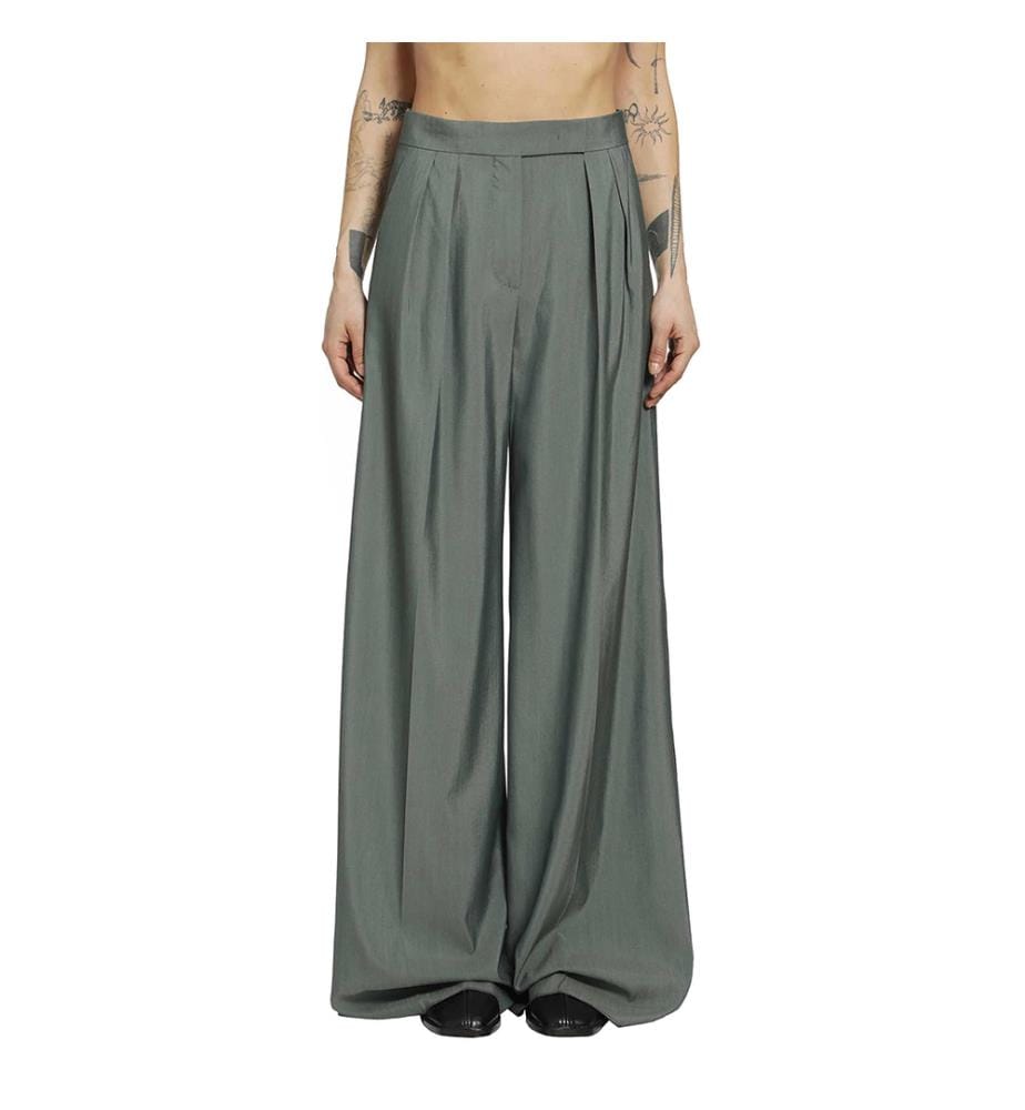 Pantaloni larghi a pieghe in lana e seta – Verde scuro