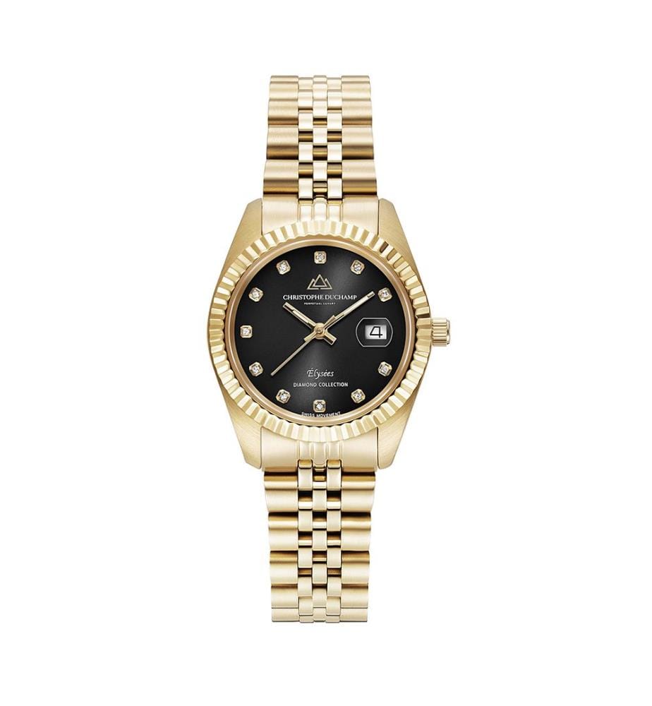 Élysées Quarzuhr 31 mm, 11 Diamanten - Schwarz & Gold