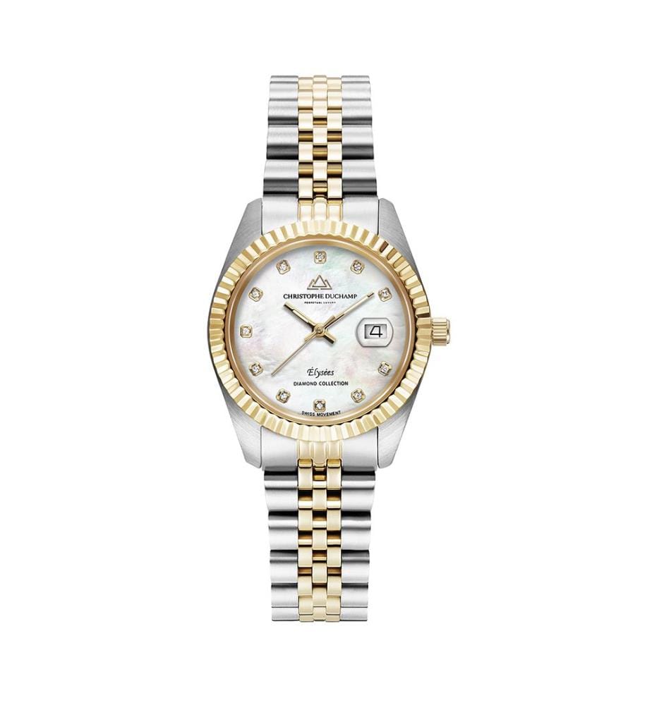 Élysées Quarzuhr 31 mm, 11 Diamanten - Weiss & Silber-Gold