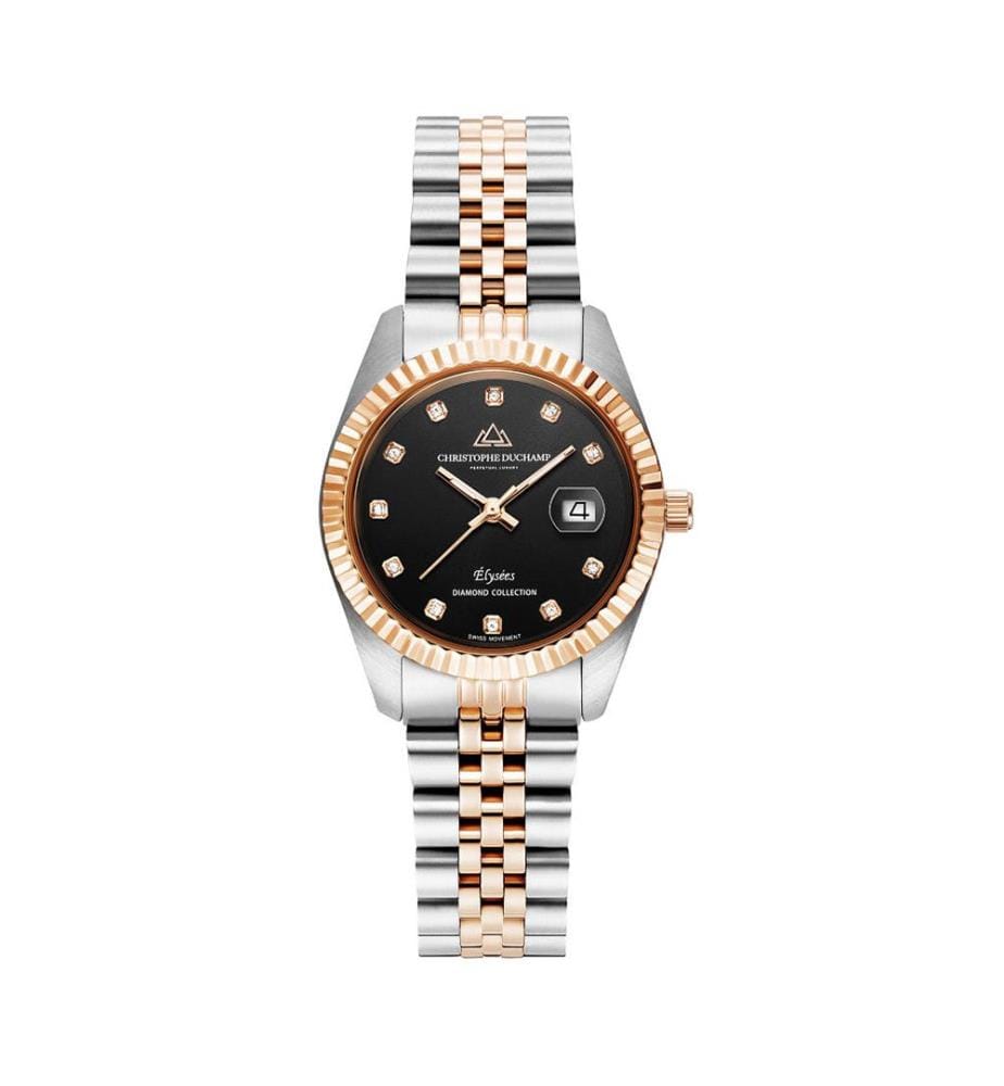 Élysées Quarzuhr 31 mm, 11 Diamanten - Schwarz & Silber-Roségold