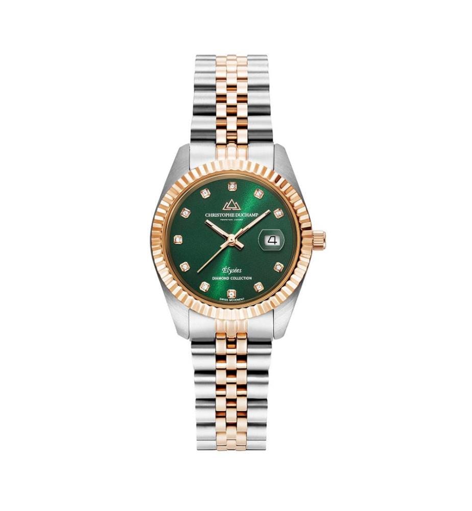 Élysées Quarzuhr 31 mm, 11 Diamanten - Grün & Silber-Roségold