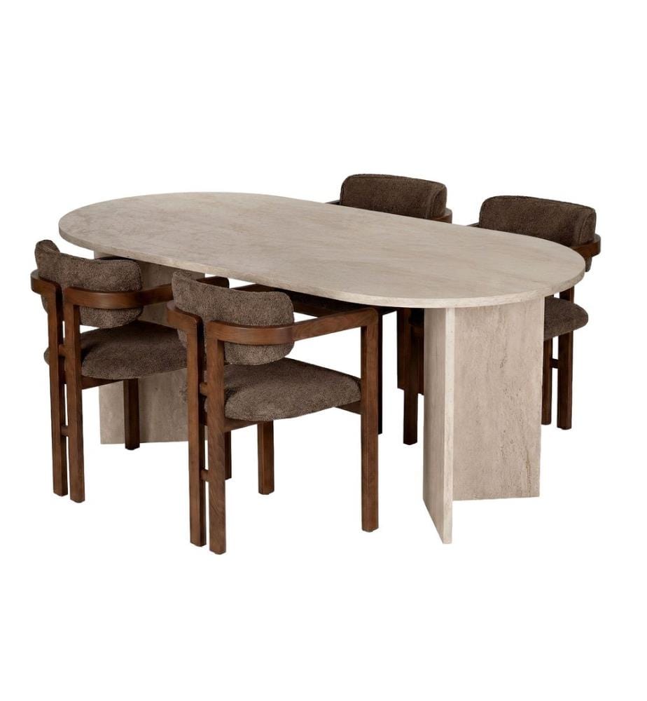 5-teiliges Esszimmer-Set – Travertin / Nussbaum / Braun