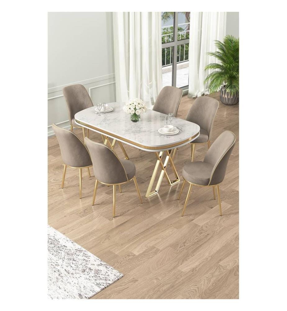 7-teiliges Esszimmer-Set – Weiss / Gold / Cappuccino