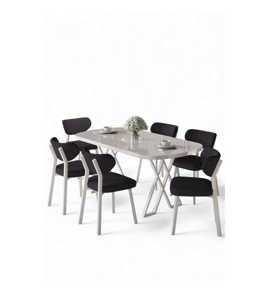 7-teiliges Esszimmer-Set – Weiss / Anthrazit