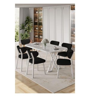 7-teiliges Esszimmer-Set – Weiss / Schwarz