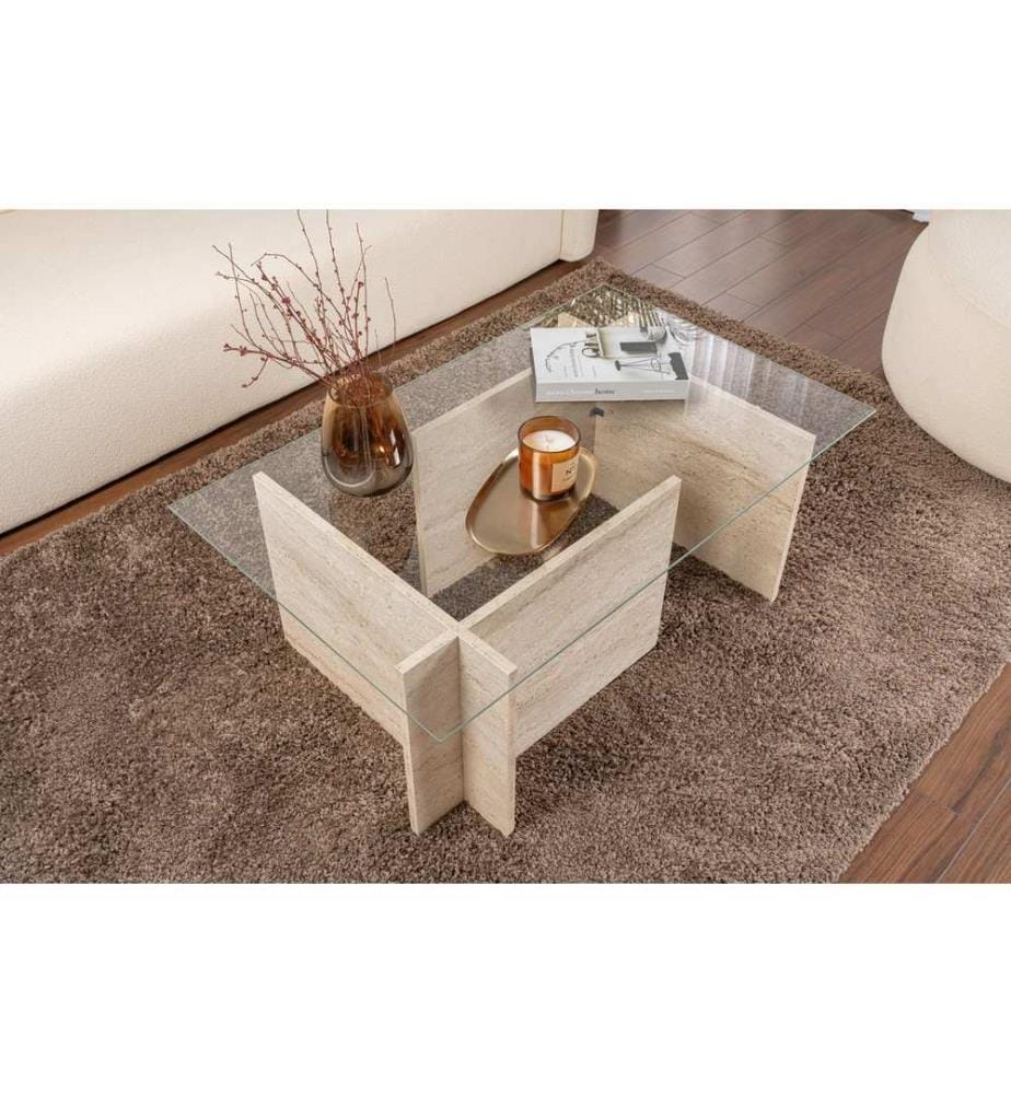 Couchtisch – Travertin / Glas