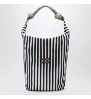 Beuteltasche aus gestreiftem Canvas – Blau und Cognac