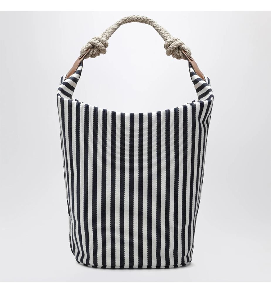 Beuteltasche aus gestreiftem Canvas – Blau und Cognac