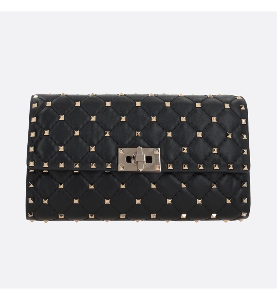 Rockstud Spike-Clutch mit Kette aus gestepptem Nappaleder – Schwarz