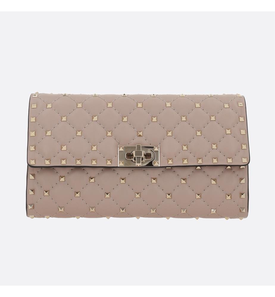 Rockstud Spike-Clutch mit Kette aus gestepptem Nappaleder – Poudre