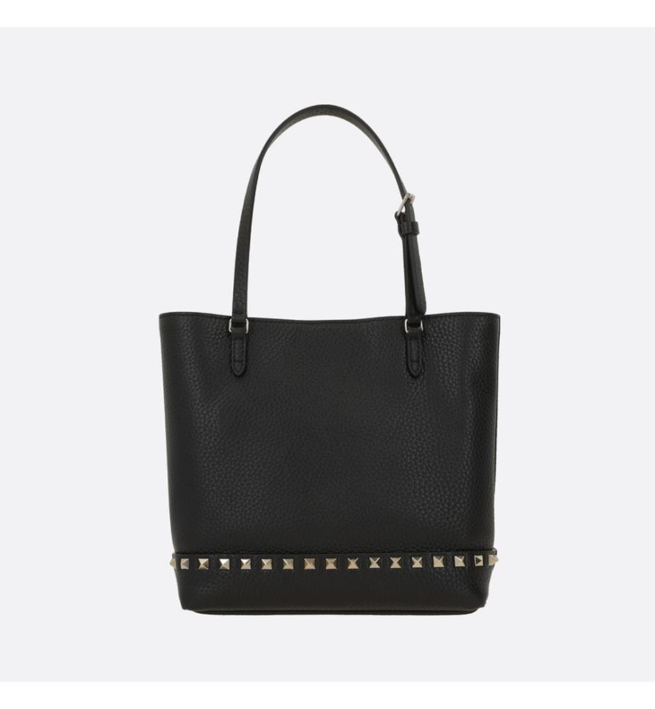 Rockstud-Einkaufstasche aus genarbtem Leder – Schwarz