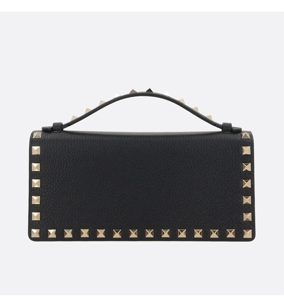 Rockstud-Geldbörse aus genarbtem Leder mit Kette – Schwarz