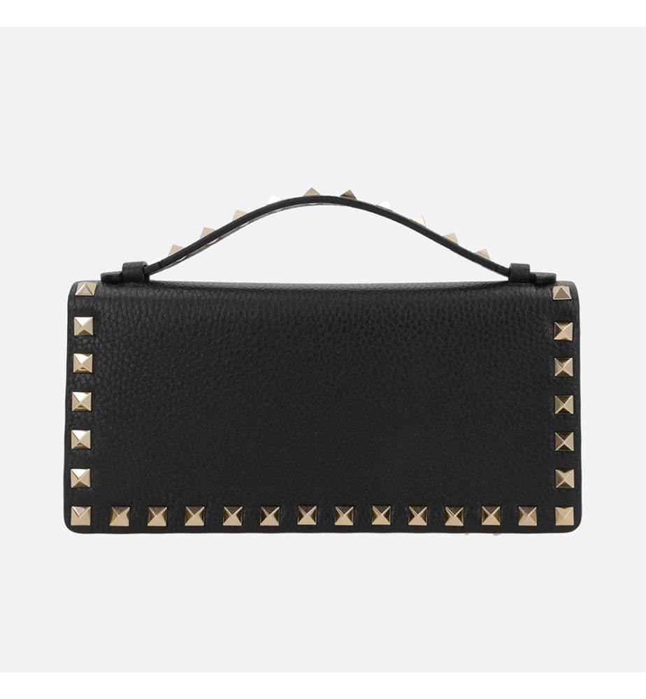 Rockstud-Geldbörse aus genarbtem Leder mit Kette – Schwarz