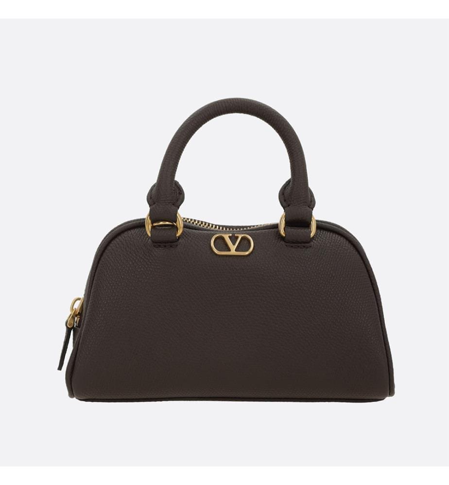 Mini-Bowlingtasche „VLogo Signature“ aus genarbtem Leder – Ebenholzbraun