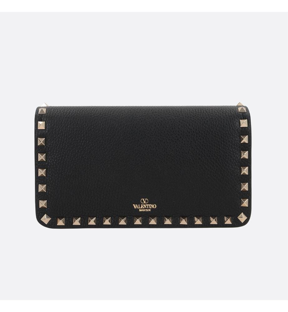 Rockstud-Geldbörse mit Kette aus genarbtem Leder – Schwarz