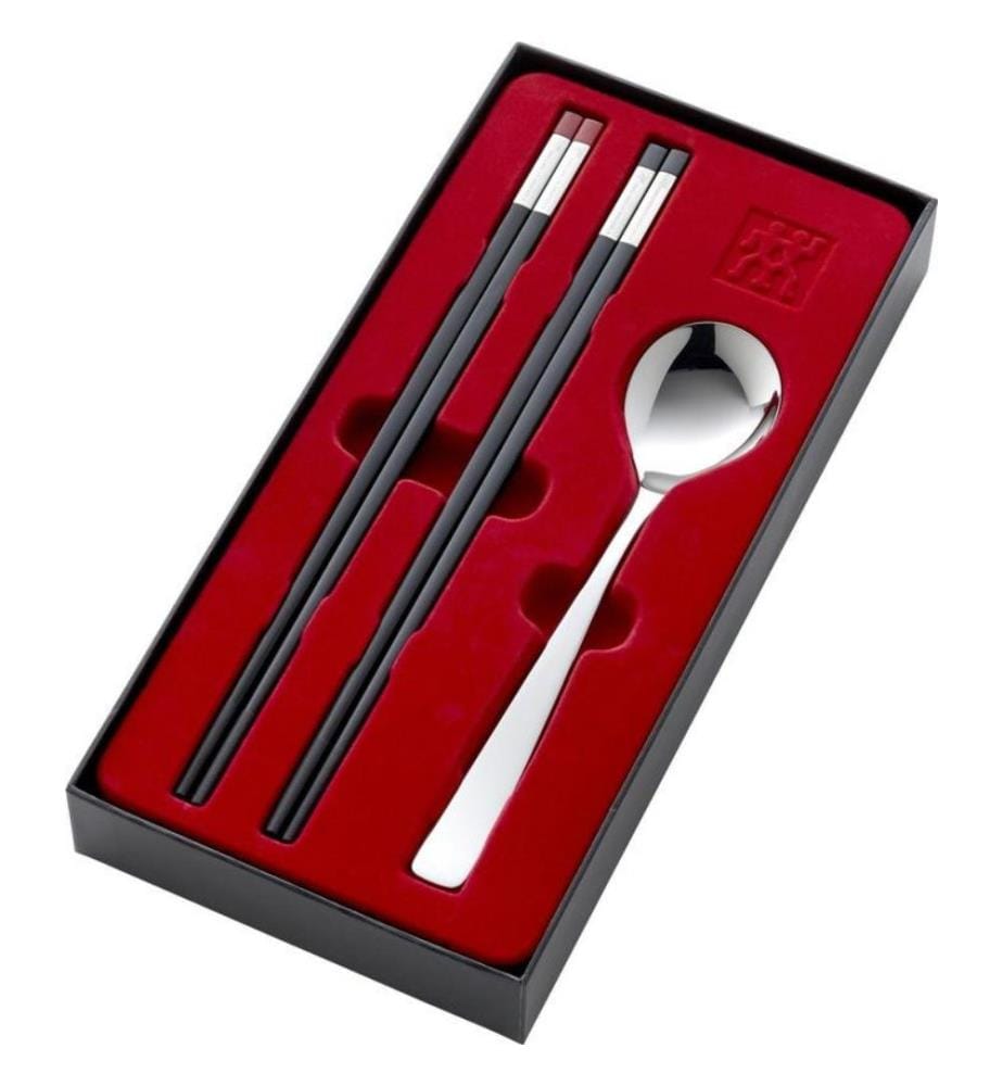 Essstäbchen-Set für 1 Pers. (4x Essstäbchen & 1x Löffel) - Schwarz und Silber