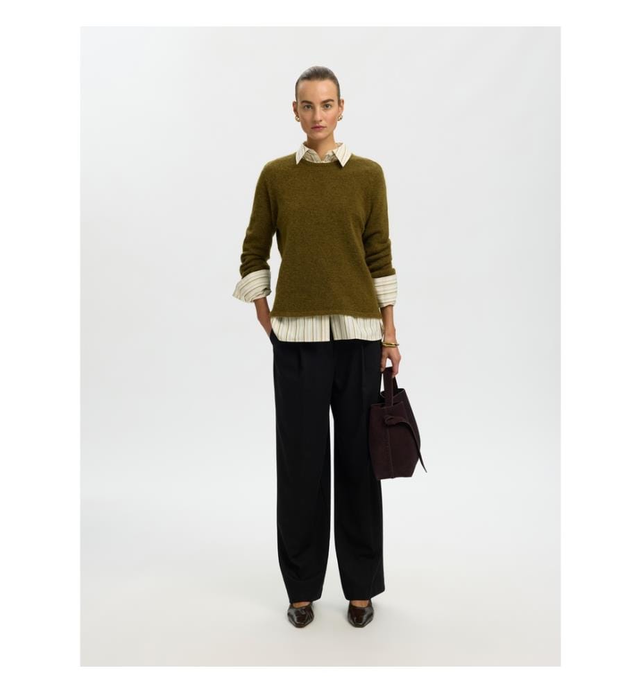 Rundhals-Strickpullover – Tannengrün meliert