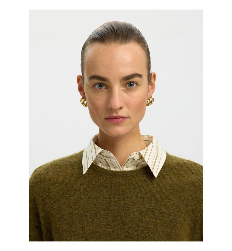 Rundhals-Strickpullover – Tannengrün meliert