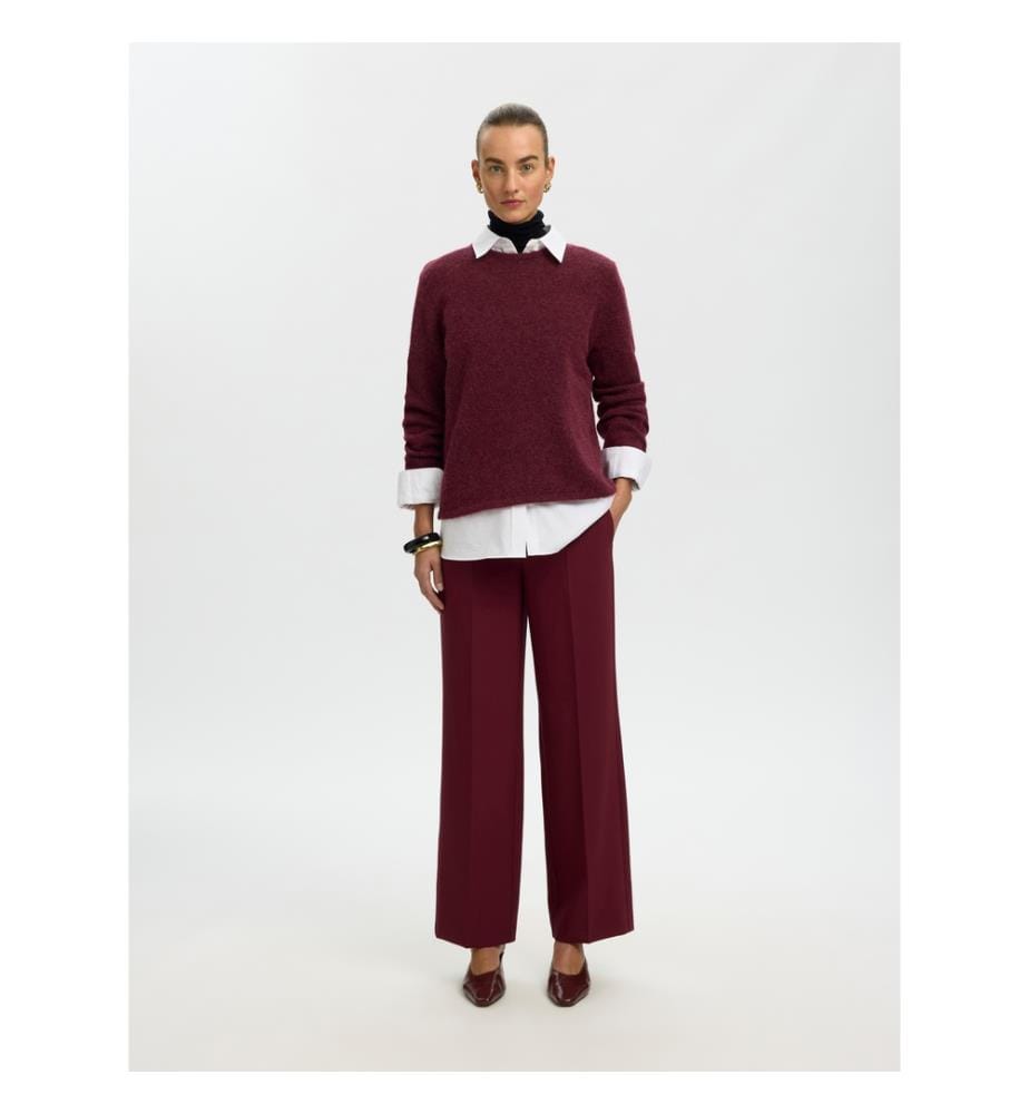 Rundhals-Strickpullover – Rot-beige meliert