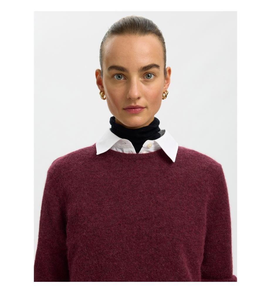 Rundhals-Strickpullover – Rot-beige meliert