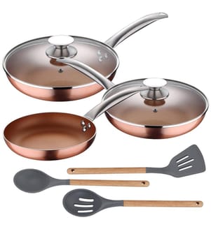 Ensemble de 5 poêles à frire (avec couvercles) en aluminium pressé compatible induction, avec un ensemble de 3 ustensiles de cuisine en silicone et bois.