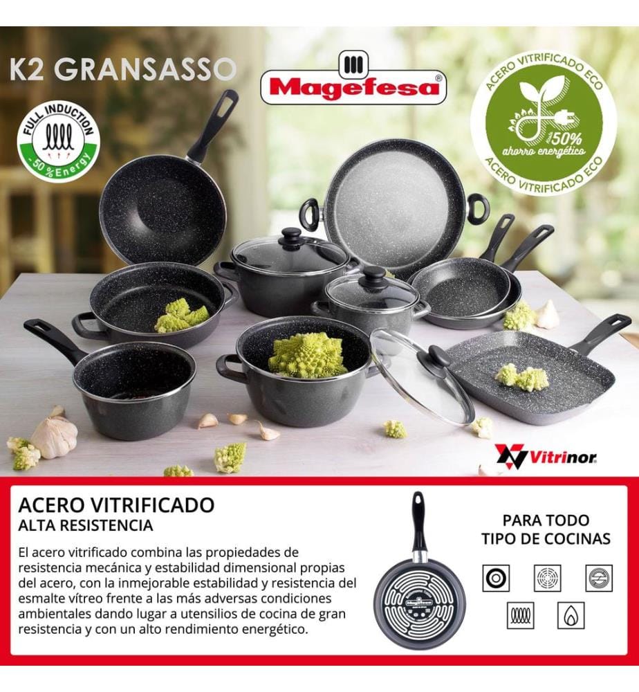 Ensemble de 8 pièces de cuisine SAN IGNACIO Nona avec poêles à frire en acier émaillé MAGEFESA K2 Gransasso (18/20/24 cm)