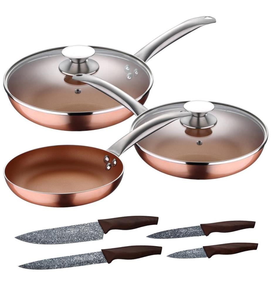 Ensemble de 5 poêles à frire en aluminium pressé (avec couvercles) compatibles induction et ensemble de 4 couteaux en acier inoxydable
