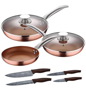 Ensemble de 5 poêles à frire en aluminium pressé (avec couvercles) compatibles induction et ensemble de 4 couteaux en acier inoxydable