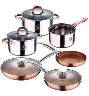 Ensemble de 5 pièces de batterie de cuisine en acier inoxydable « Onil » + ensemble de 5 poêles à frire en aluminium pressé